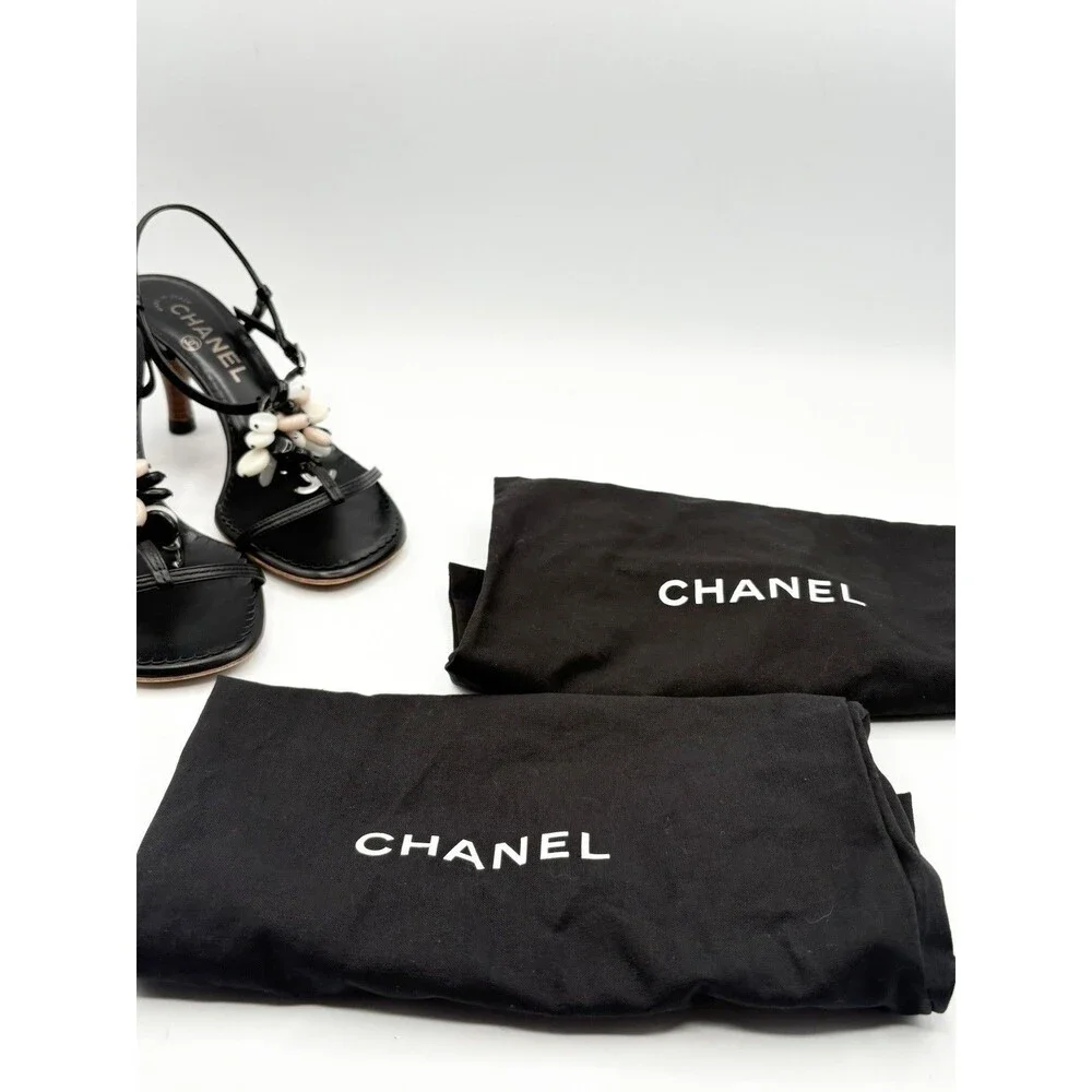 Chanel Black Leather T Strap Sandals Beaded Accent CC Logo Vintage Size EU 36